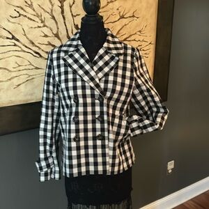 Double Breasted Swing Jacket w cream, gray and black checks.  97% Cotton.